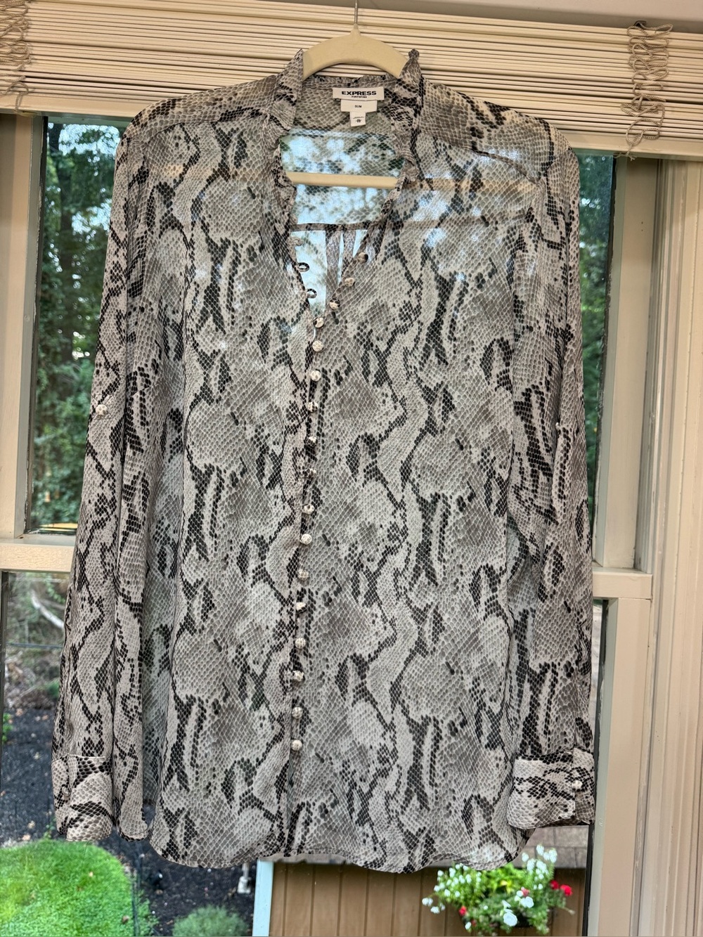 Express Women's Black and Gray Snake-Print Button-Down Shirt
